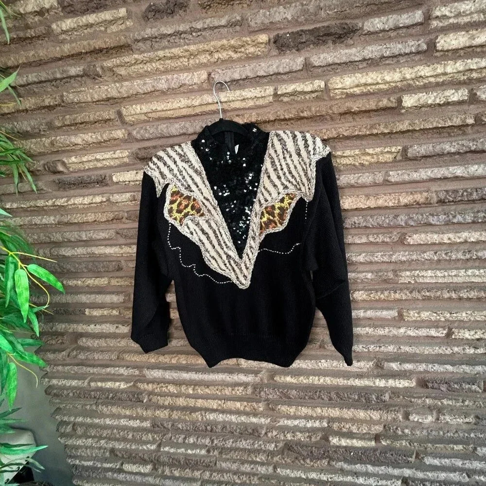 Vintage 80s Bonnie & Bill Zebra Print  Bling Embellished Sweater  NWT - Picture 9 of 10
